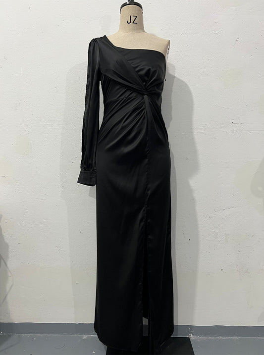 Women's One-shoulder Split Dress Ins Fashion Long-sleeved Slim Long Dresses Party Evening Clothing