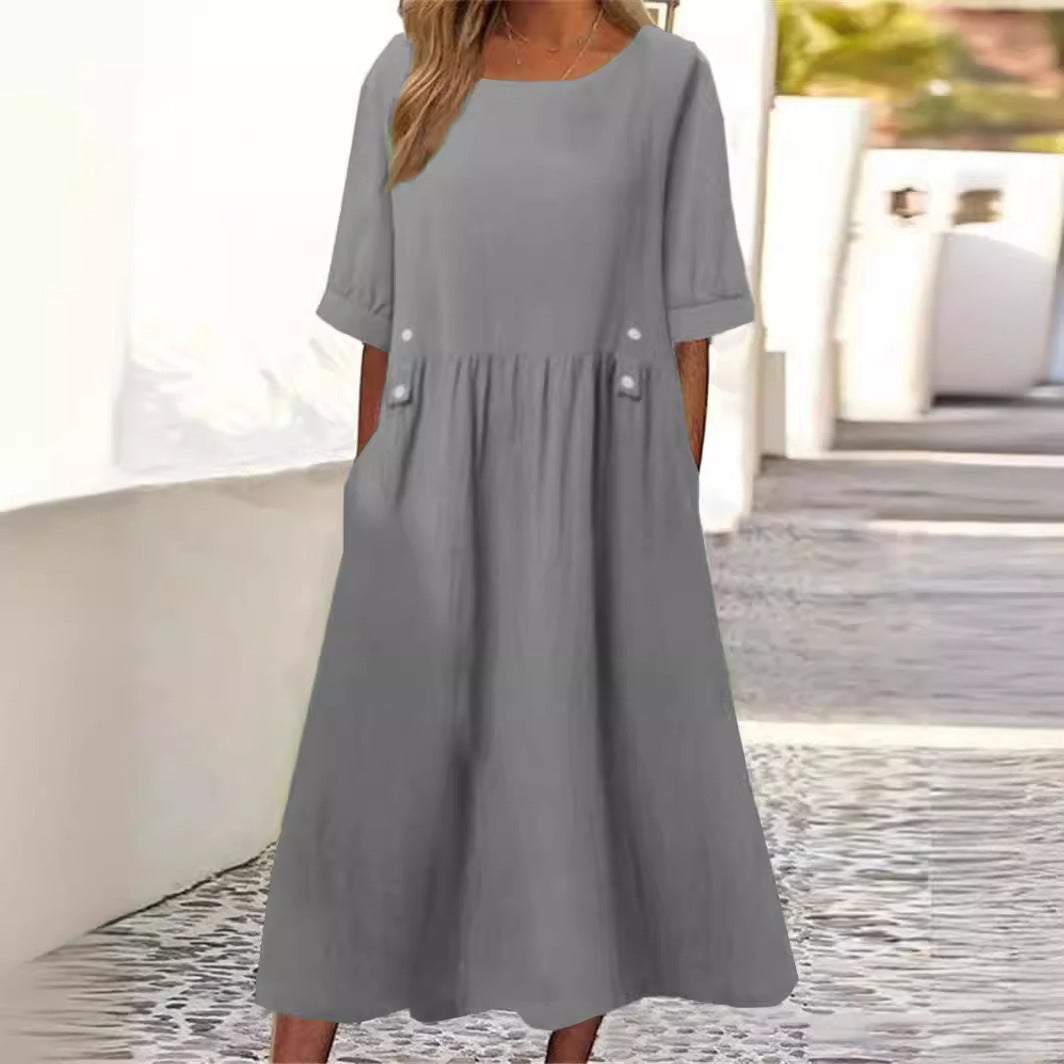 Plus Size Casual Round Neck Shirt With Half Sleeve Button Dress Women - Mubimart -  