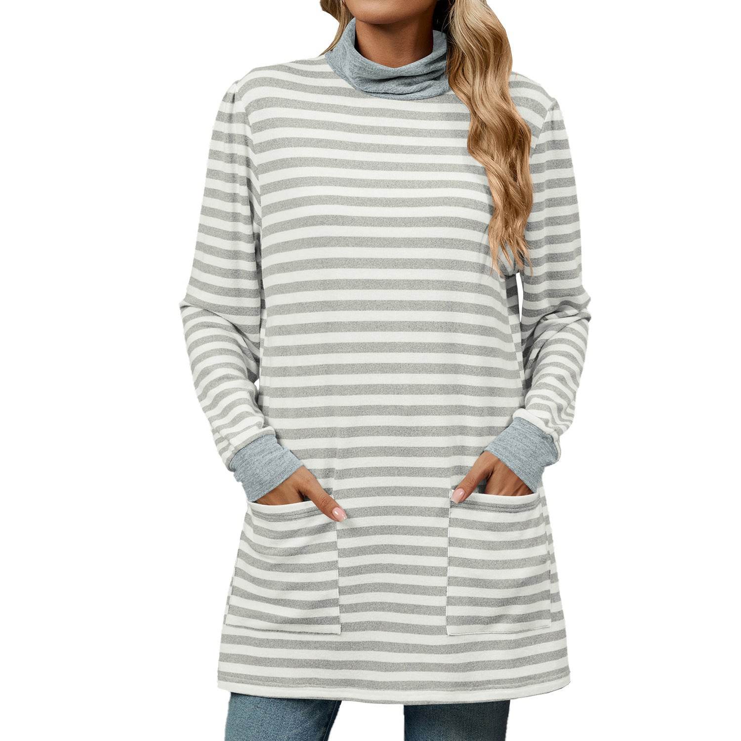 Fashion Striped Print Long Sweatshirt With Pocket Loose Long Sleeve Pullover T-shirt Top For Womens Clothing - Mubimart