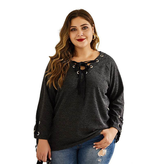 Round Neck T-shirt Plus Fat Plus Size Knitted Top - Mubimart