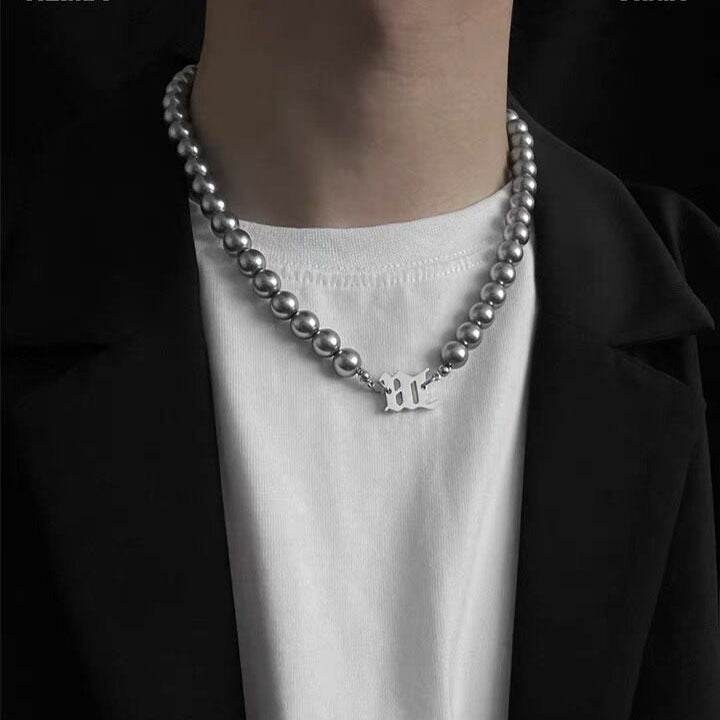 Mens Fashionable And Versatile Gray Pearl Letter Necklace - Mubimart