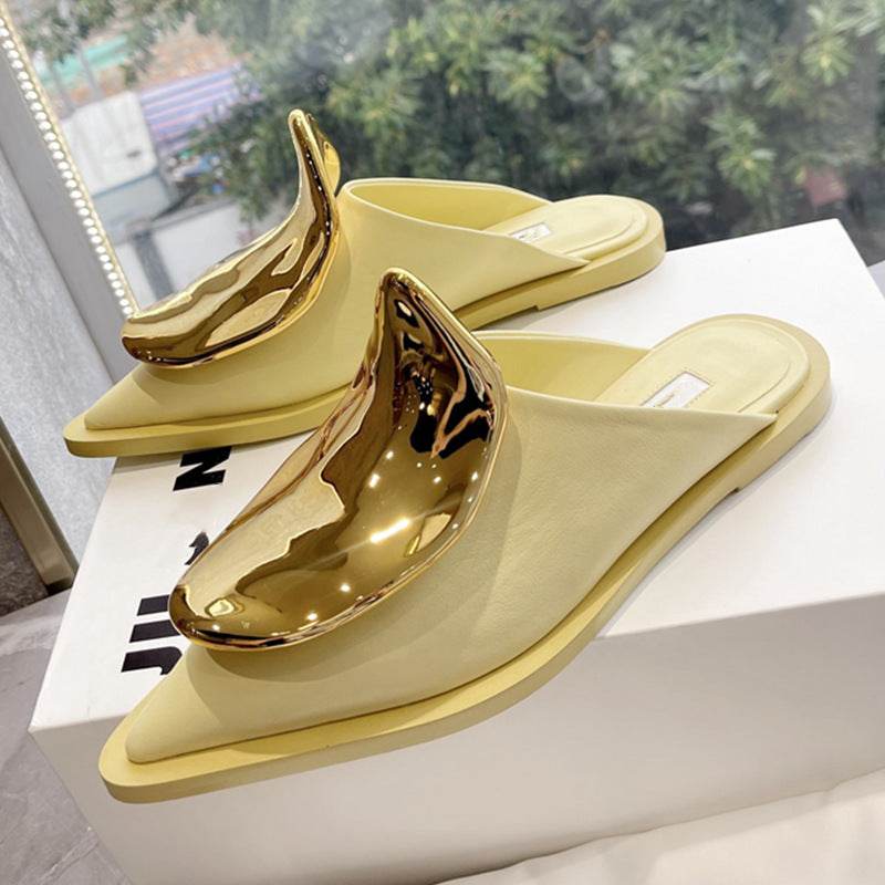 French Style Pointed Toe Kitten Heel Muller Closed-toe Slippers Metal Decoration - Mubimart