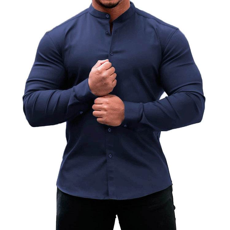 Long Sleeve Shirt Men Casual Button Down Slim Tops Solid Color Casual Mens Clothing - Mubimart