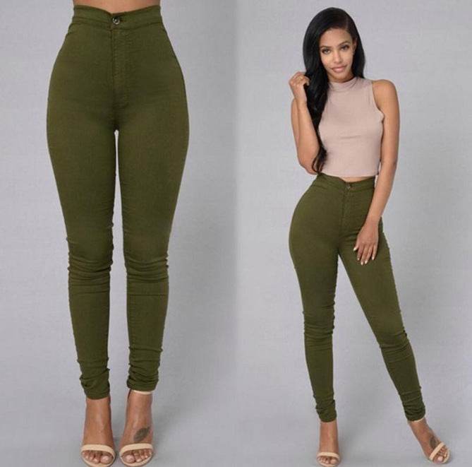 Casual Pants For Women High Waist Stretch Slim Trouser Skinny Candy Color Jeans - Mubimart