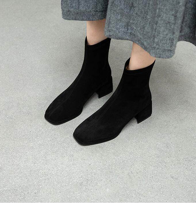 Women's Square Toe Thick Heel Stretch Short Boots - Mubimart