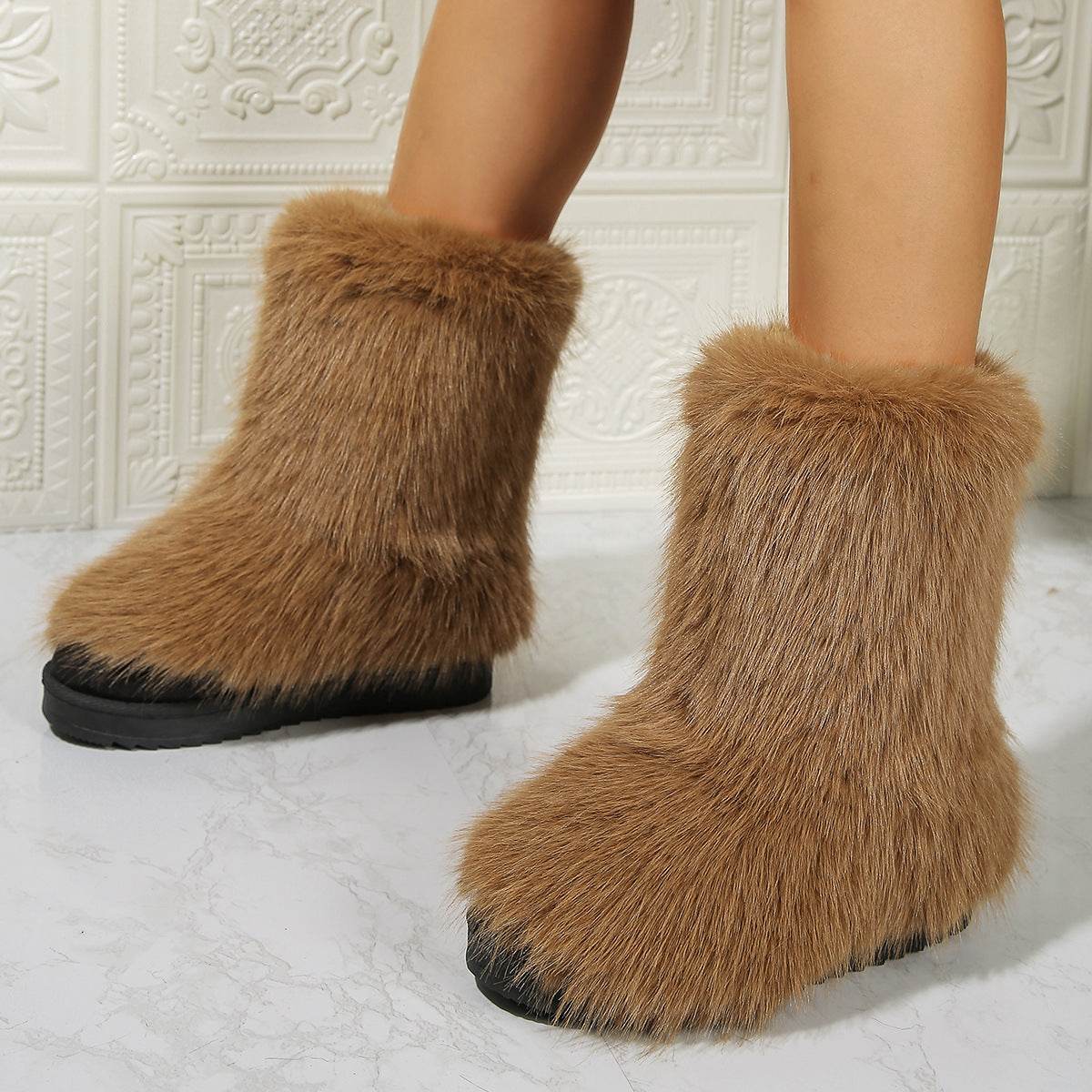 Fashion Long Plush Snow Boots Winter Warm Mid-tube Furry Cotton Shoes For Women Short Boot - Mubimart