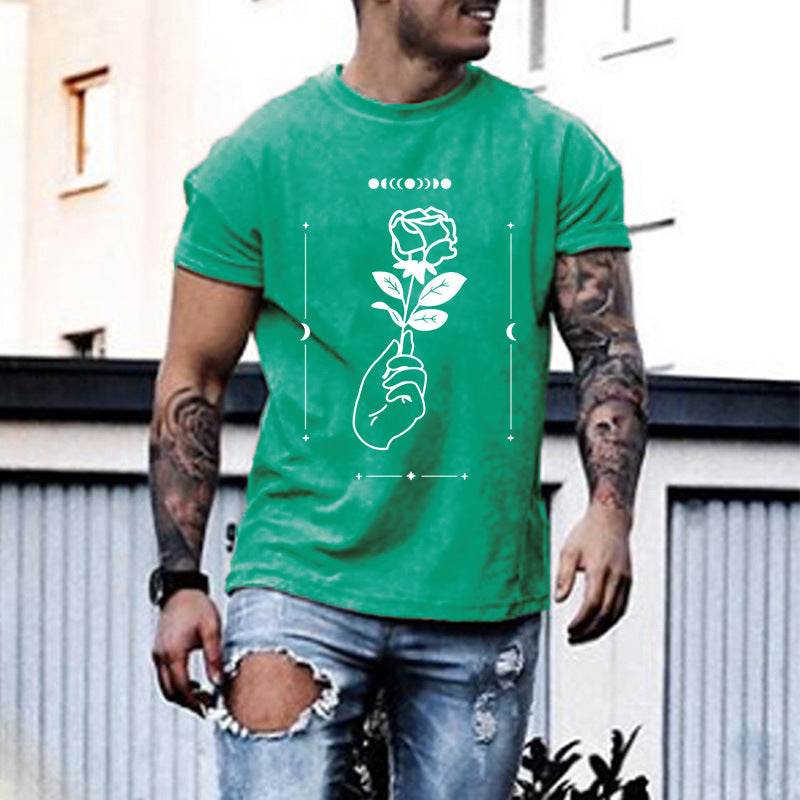 Plus Size Mens Rose Print T-Shirt Crew Neck - Mubimart