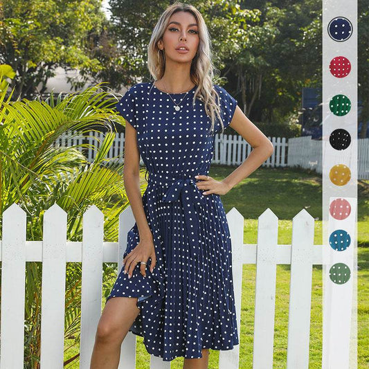 Summer Women Polka Dot Short Sleeve Dress Casual Bandage Party Pleated Midi Dresses Elegant Green Office Lady Clothing - Mubimart