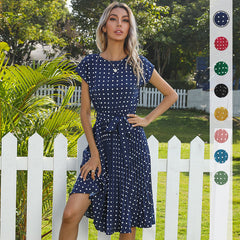 Summer Women Polka Dot Short Sleeve Dress Casual Bandage Party Pleated Midi Dresses Elegant Green Office Lady Clothing - Mubimart - Plus Size Midi Dress 