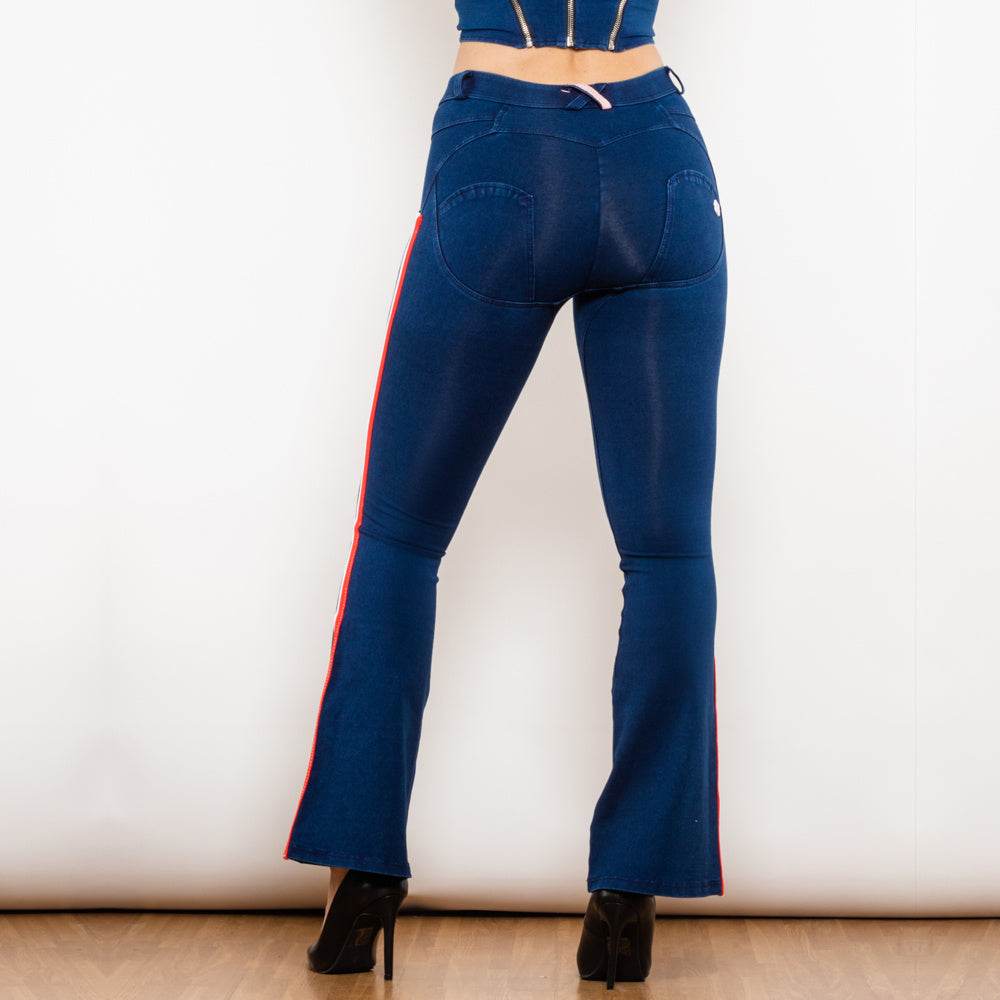 Shascullfites Melody Fashion White Red Side Stripe Flare Jeans Butt Lifting Female Casual Elasticity Dark Blue Denim Bell Pants - Mubimart