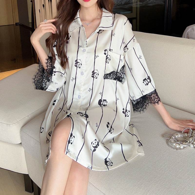 Striped Shirt Dress Short Sleeve Plus Size Loose Pajamas For Women - Mubimart