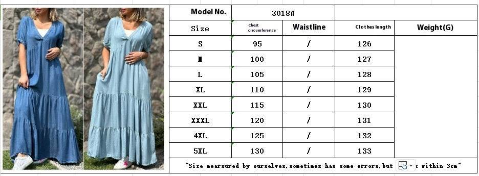 European And American Plus Size Women's Clothes Faux Denim Solid Color And V-neck Long Dress - Mubimart