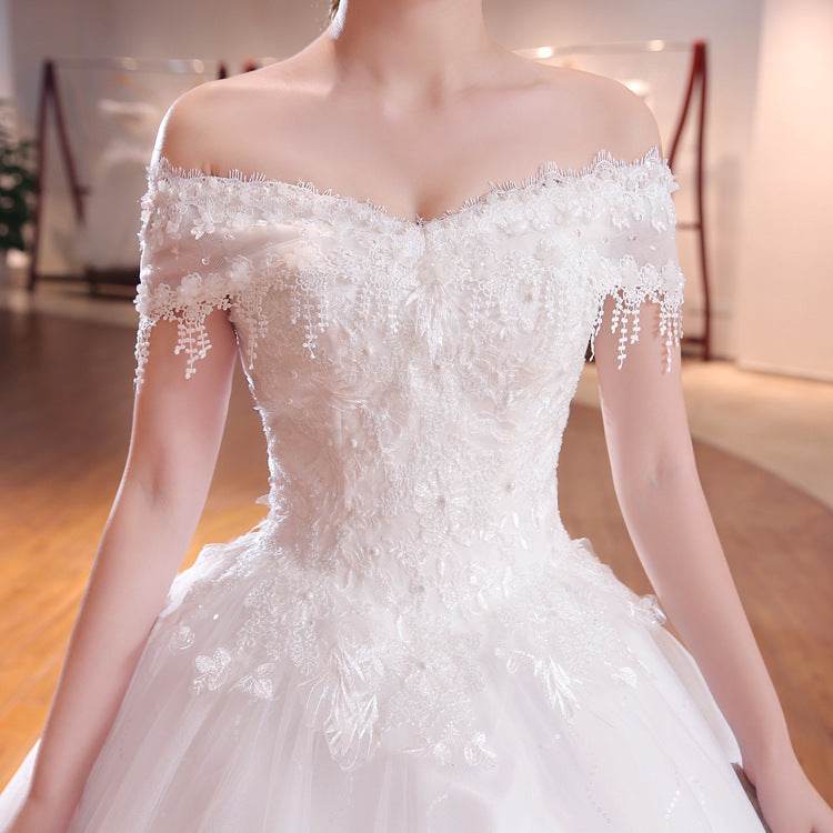 Shoulder-to-shoulder Wedding Dress Bridal Lace Plus Size Thin Shoulder Wedding Dress - Mubimart