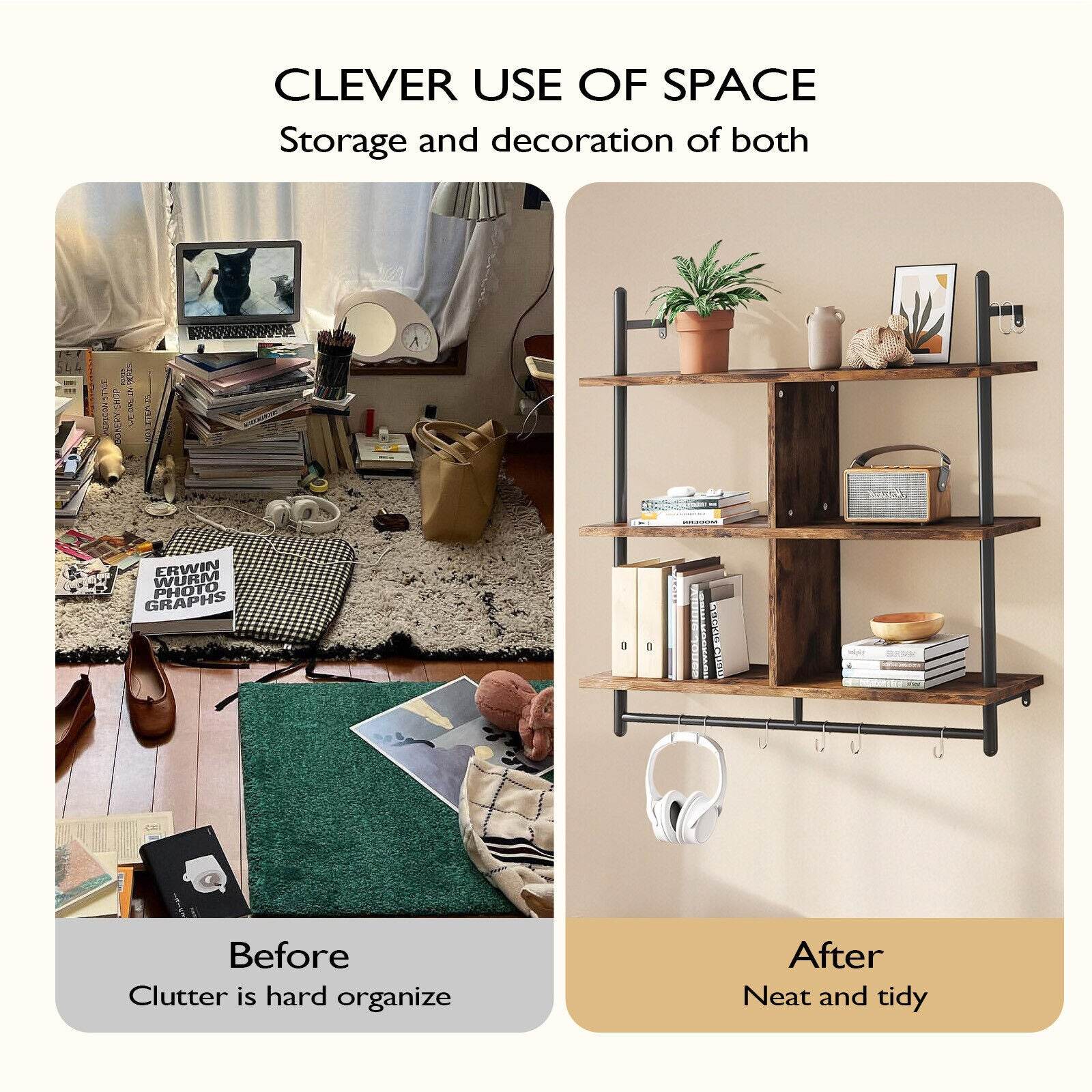 3 Tier Floating Shelves Metal Brackets Wall Mounted Shelf Over Toilet Bathroom - Mubimart