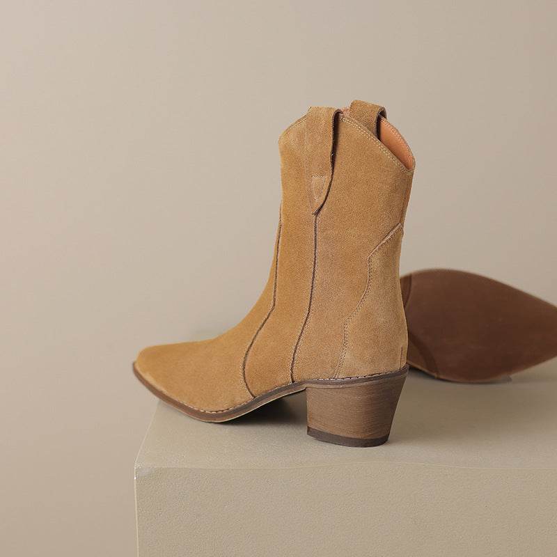 Pointed Toe Chunky Mid Heel Booties Fashion Matte Leather Boots - Mubimart