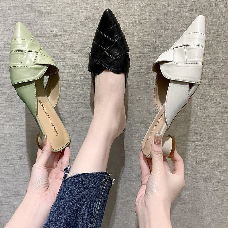 Pointed Soft Leather Sandals Women's Mid-heel Mules