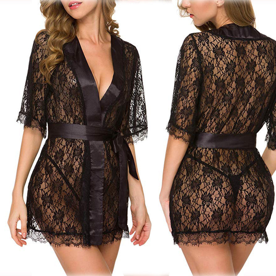 Lingerie Women Lace Hollow-out Robe Suits Pajamas - Mubimart -  