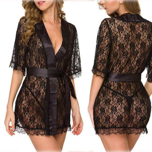 Lingerie Women Lace Hollow-out Robe Suits Pajamas - Mubimart