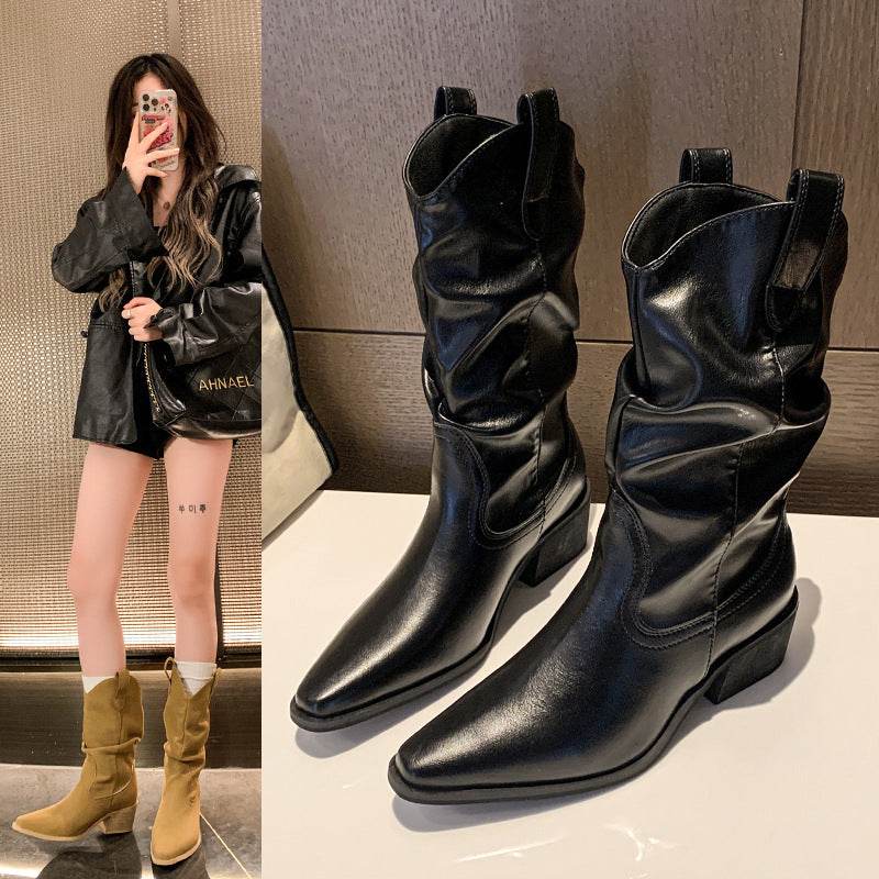 Autumn And Winter New Retro Pointed Chunky Heel Western Cowboy Boot - Mubimart