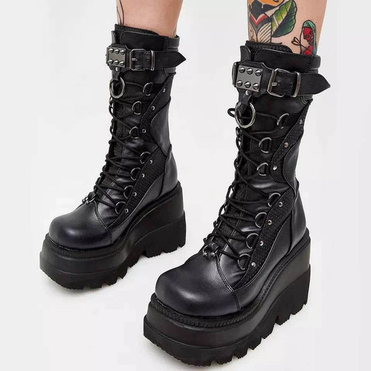 Lace-Up Combat Boot Motorcycle Black Bucke Chunky Boots For Women Winter Shoes - Mubimart
