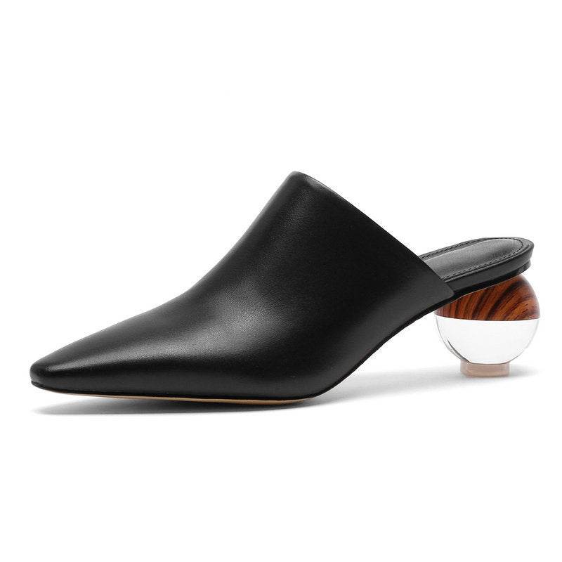 Simple Closed Toe Sandals Pointed-toe Mules Shoes Crystal Thick Heel - Mubimart