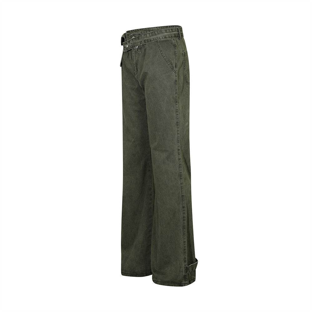Removable Belt Pocket Bootcut Trousers Jeans - Mubimart