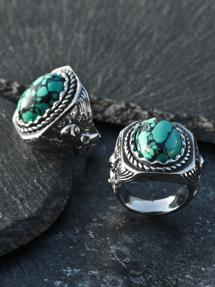 Vintage Turquoise Uil Ring Voor Mannen