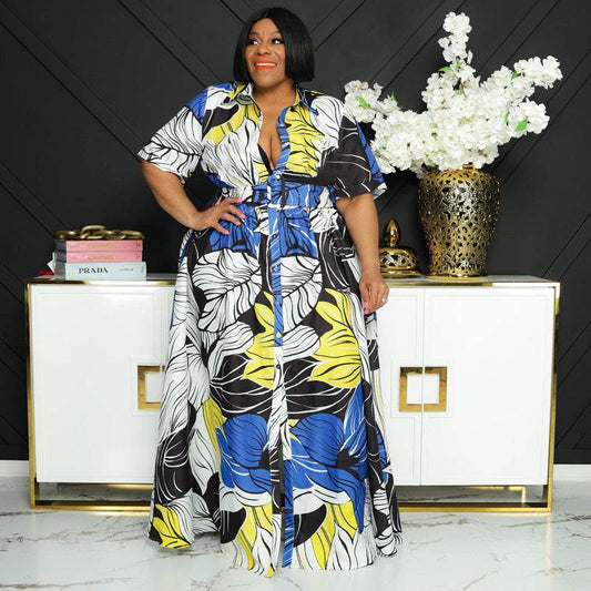 Printed Long Casual Two-Wear Plus Size Women's Dress - Mubimart