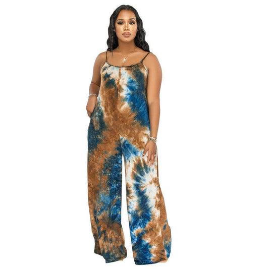 Tie-dyed Printed Sling Casual Plus Size Jumpsuit - Mubimart