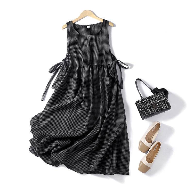 Sleeveless Lace Work Clothes Cotton Linen One-piece Dress - Mubimart