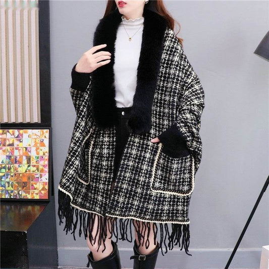 Autumn And Winter New Imitated Mink Cashmere Fur Collar Cape And Shawl Plus Size Tassel Knitted Cardigan - Mubimart