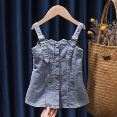 Children\'s Summer Denim Strap Skirt Baby Fashion Short Sleeve Two Piece Set - Mubimart -  