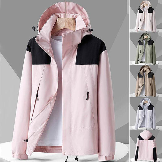 Hooded Windbreaker Unisex Fashion Colorblock Zip-up Jacket With Pockets Waterproof Outwear For Women Men Clothing - Mubimart