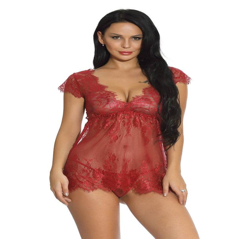 Women's Lingerie Plus Size Sleepwear Polyester Net Red Suit - Mubimart