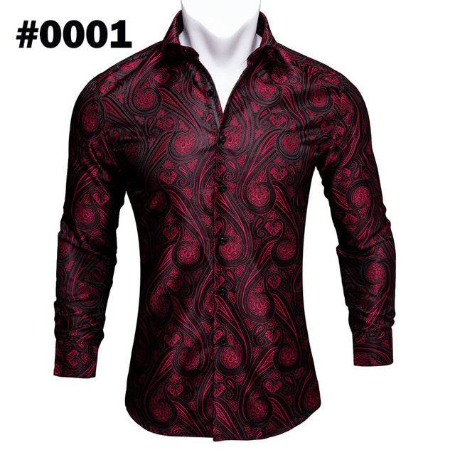 Barry.Wang Teal Paisley Floral Silk Shirts Men Autumn Long Sleeve Casual Flower Shirts For Men Designer Fit Dress Shirt BCY-05 - Mubimart