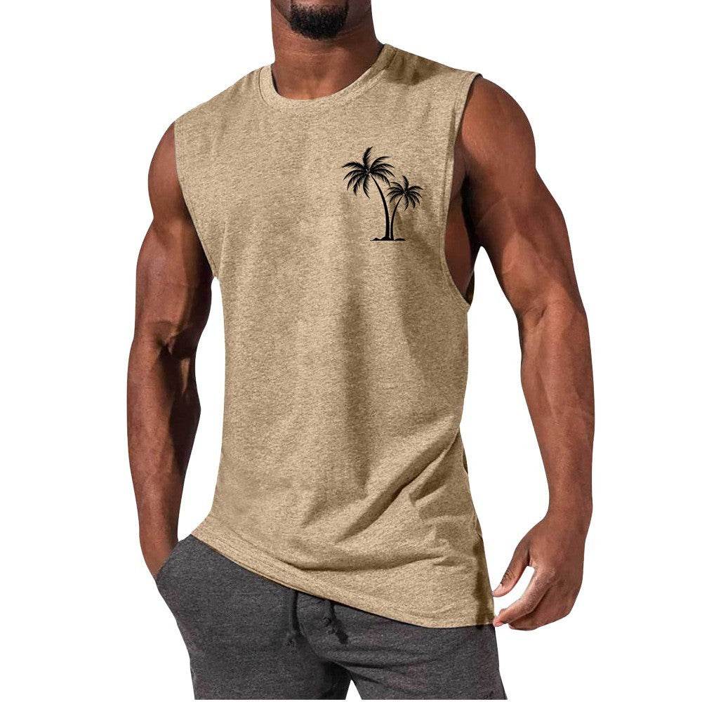 Coconut Tree Embroidery Vest Summer Beach Tank Tops Workout Muscle Men Sports Fitness T-shirt - Mubimart