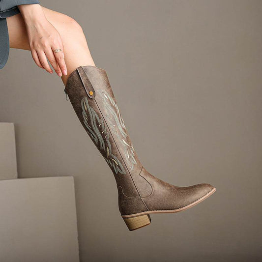 Retro Chunky Heel Embroidery Western Cowboy Boot Women - Mubimart