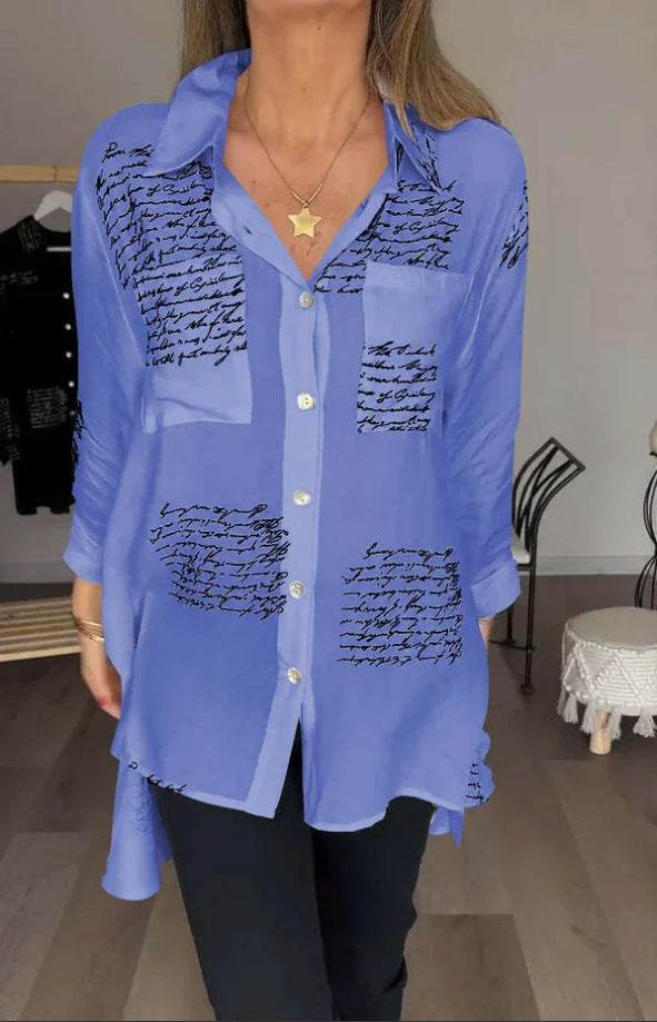 Letter Print Long Sleeve Shirt Fashion Commuter Style Lapel Shirt Women's Clothing - Mubimart