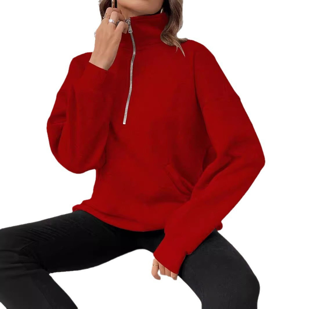 Polo Collar Solid Color Casual Women's Hoodie - Mubimart -  