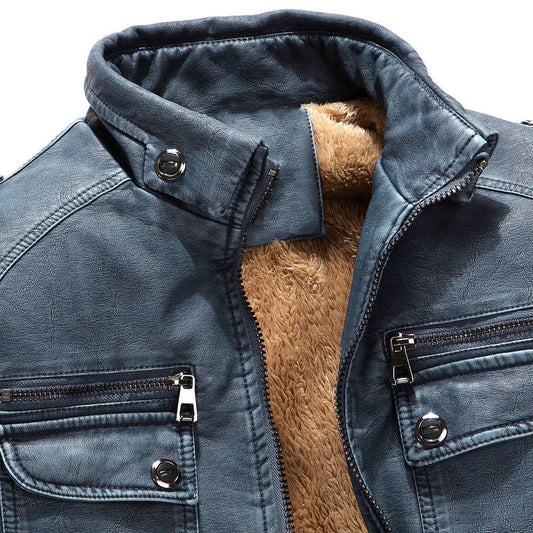 Leather Jacket Plus Velvet Washed Retro Leather Jacket - Mubimart