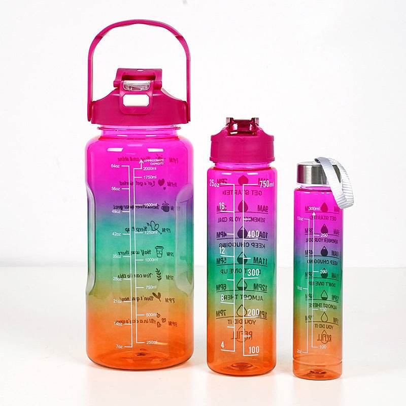 3-in-1 Gradient Color Motivational Water Bottles Set Plastic Straw Double Drink Translucent Outdoor Sports Bottle - Mubimart