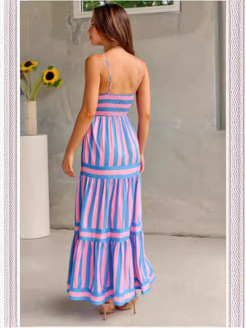 Summer Striped Printed Suspender Long Dress With Pockets Fashion Square Neck Backless Dresses For Beach Vacation Women Clothing - Mubimart -  