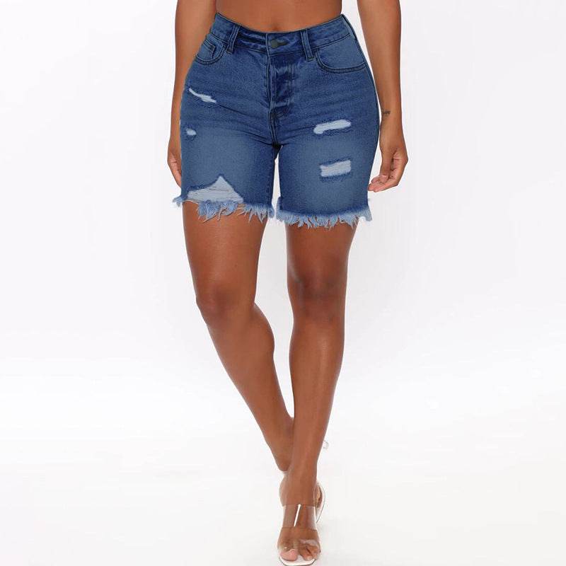 Fashion Ripped Fringed High Stretch Denim Shorts Women - Mubimart