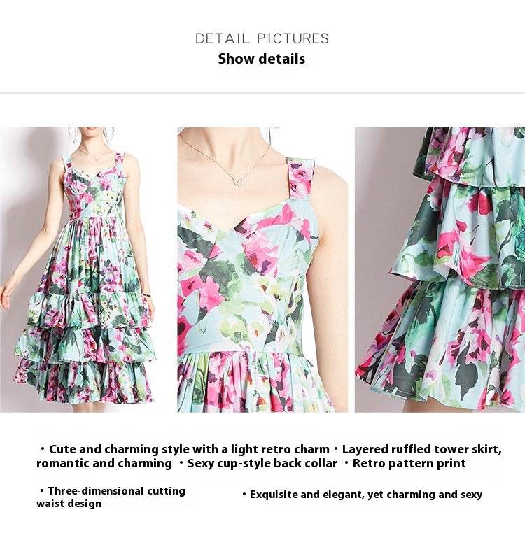 Cake Skirt Printing Slip Dress - Mubimart