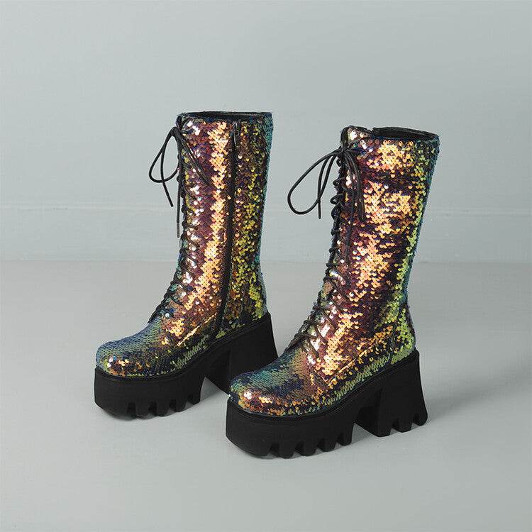 Sequins Mid-calf Martin Boots Round Head Front - Mubimart