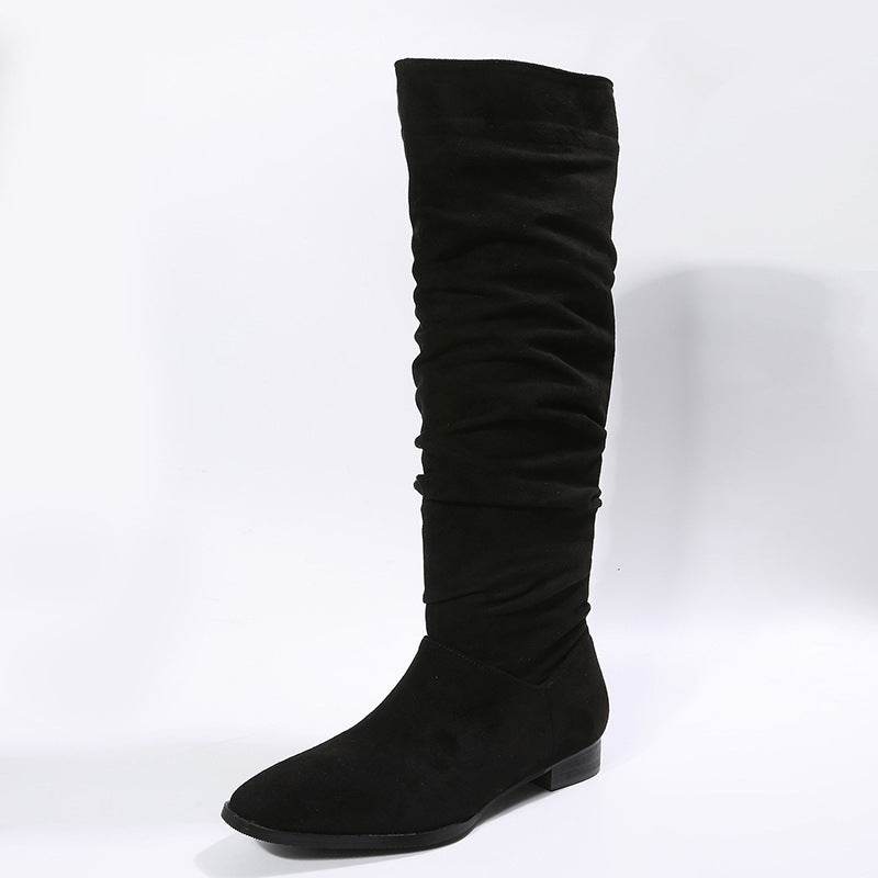 Low Heel Boot Women Faux Suede Pointed Toe Boots Pleated Design Shoes - Mubimart