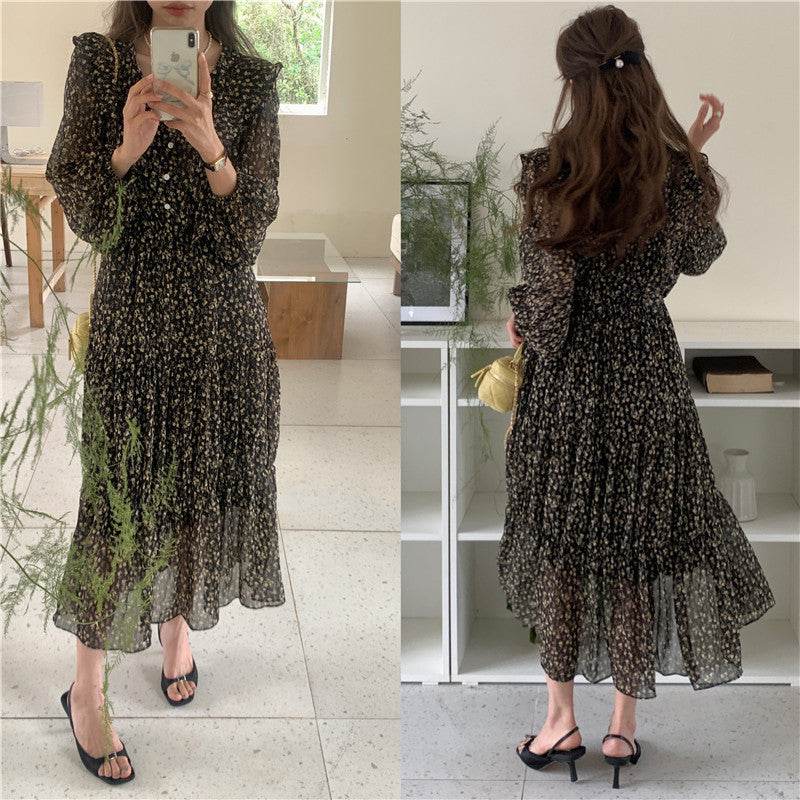 Retro Elegance Chiffon Midi Dress - Mubimart