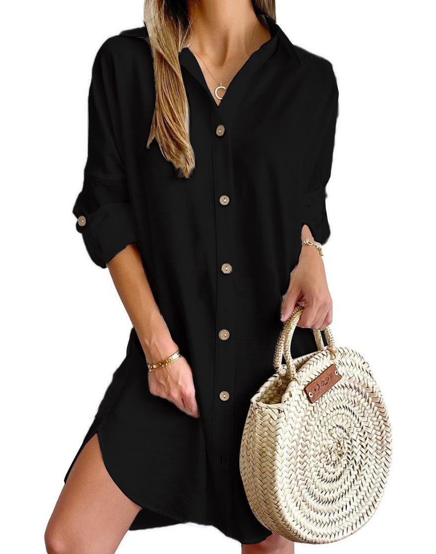 Autumn Leisure Long Sleeve Lapel Button Shirt Dress Womens Clothing - Mubimart -  