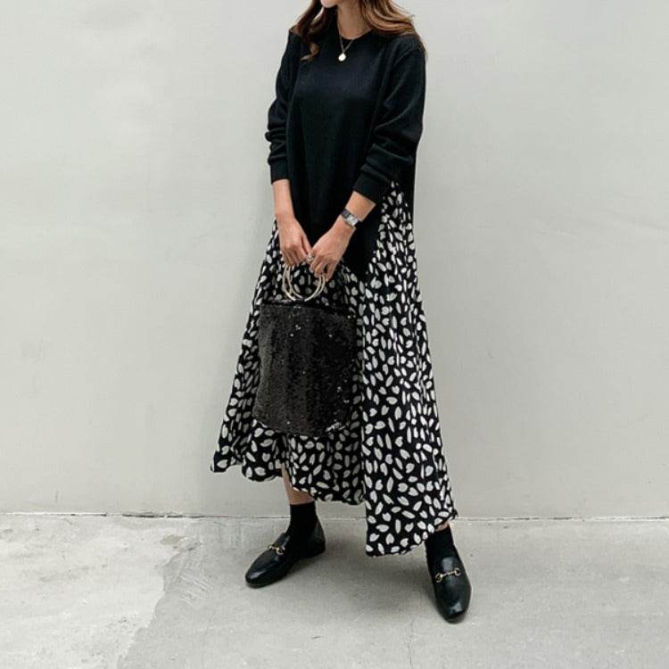 Plus Size Women's Long-sleeved T-shirt Stitching Print Big Swing Dress - Mubimart