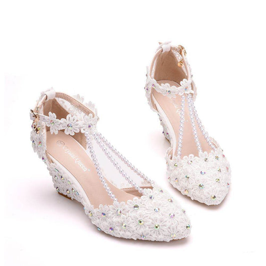 Rhinestone Wedge Lace Sandals - Mubimart
